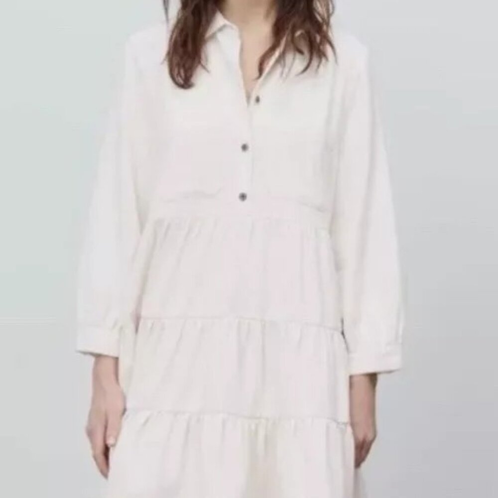 ZARA Ivory Ruffled Tiered Twill Long Sleeve Mini Dress Sz XS